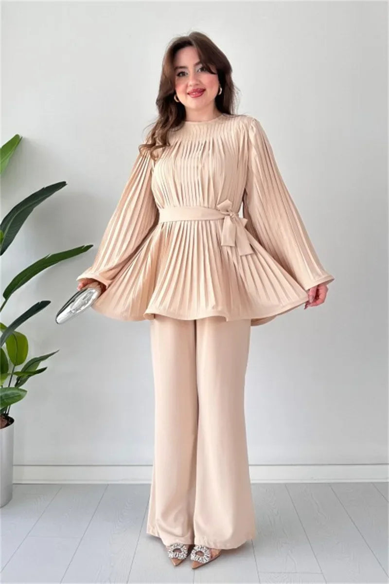 IMIEMIE Women's Sexy Round Neck Flare Sleeves Pleated Top and Long Pants Set, Monochromatic, Spring Fashion, Elegant, 2 Pcs