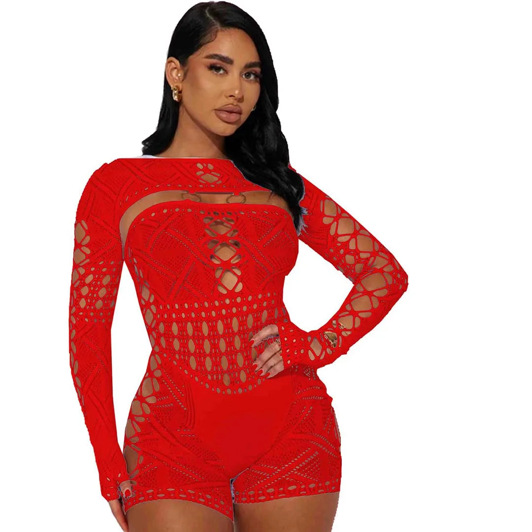 IMIEMIE Women's Sexy Sheer Mesh Hollow Out Night Club Short Jumpsuit Rompers Long Sleeve Skinny Shorts Bodysuit One Piece Romper