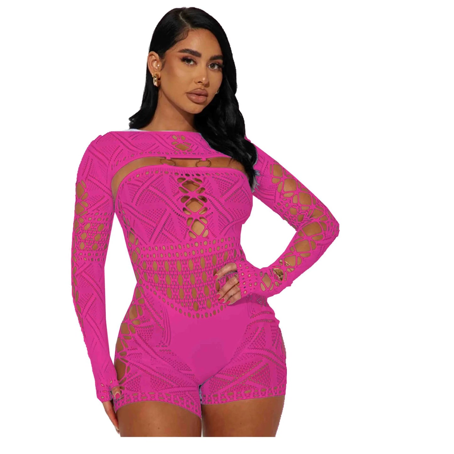 IMIEMIE Women's Sexy Sheer Mesh Hollow Out Night Club Short Jumpsuit Rompers Long Sleeve Skinny Shorts Bodysuit One Piece Romper