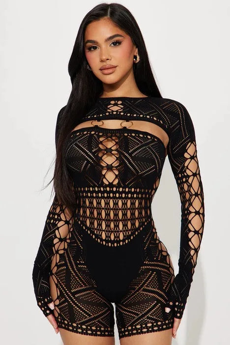 IMIEMIE Women's Sexy Sheer Mesh Hollow Out Night Club Short Jumpsuit Rompers Long Sleeve Skinny Shorts Bodysuit One Piece Romper