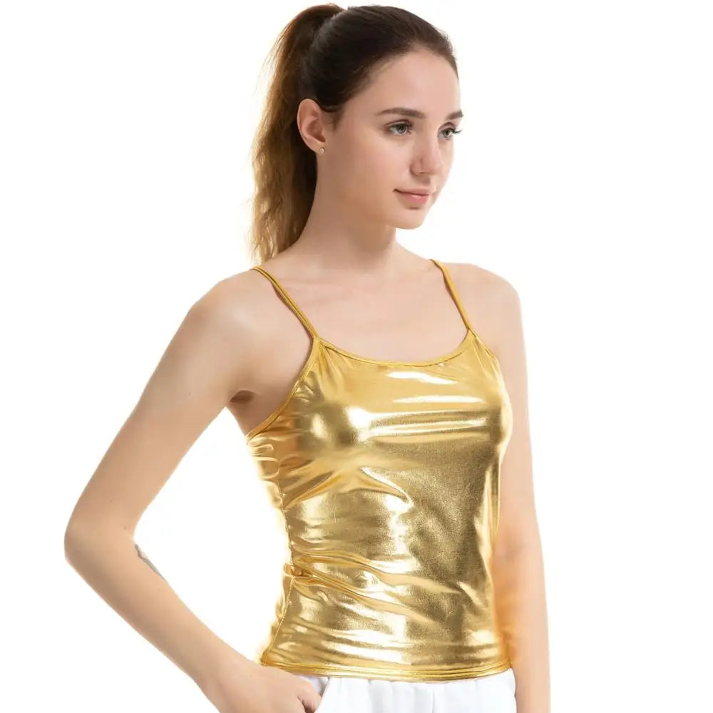 IMIEMIE Women's Shiny Metallic Camisole Wet Look Short Vest Spaghetti Straps Tank Top Party Club Dancewear Basic Solid Strappy Cami