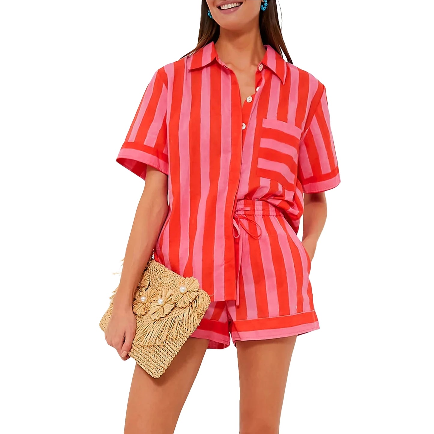 IMIEMIE Women s Short Sleeve Top with Shorts Pajama Set Soft Striped Sleepwear with Button Pjs Sleepwear Soft