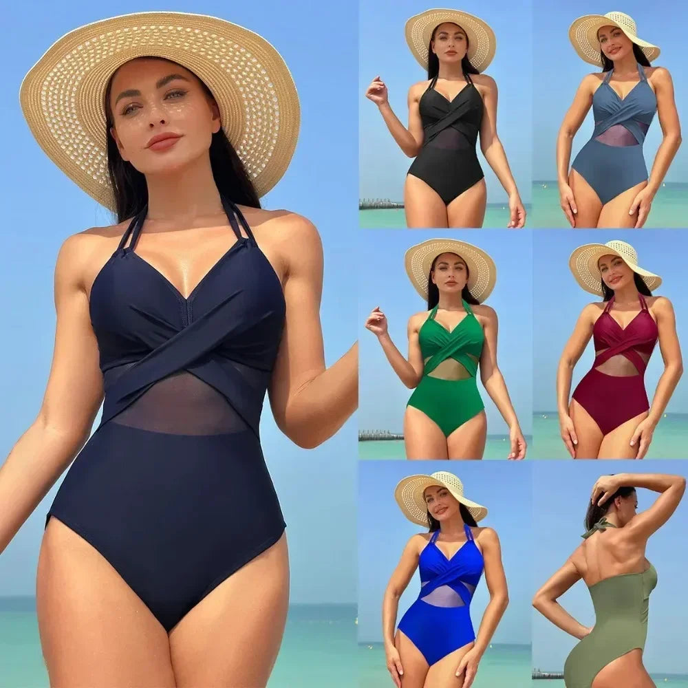 IMIEMIE Women's Solid Color Mesh Wholesale European and American One-piece Swimsuit  Swimwear Women