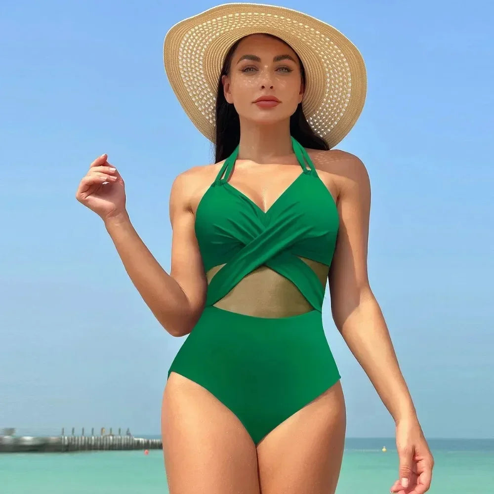 IMIEMIE Women's Solid Color Mesh Wholesale European and American One-piece Swimsuit  Swimwear Women