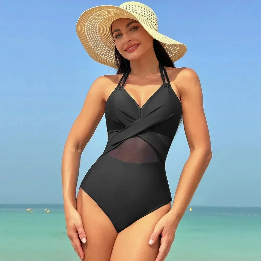 IMIEMIE Women's Solid Color Mesh Wholesale European and American One-piece Swimsuit  Swimwear Women