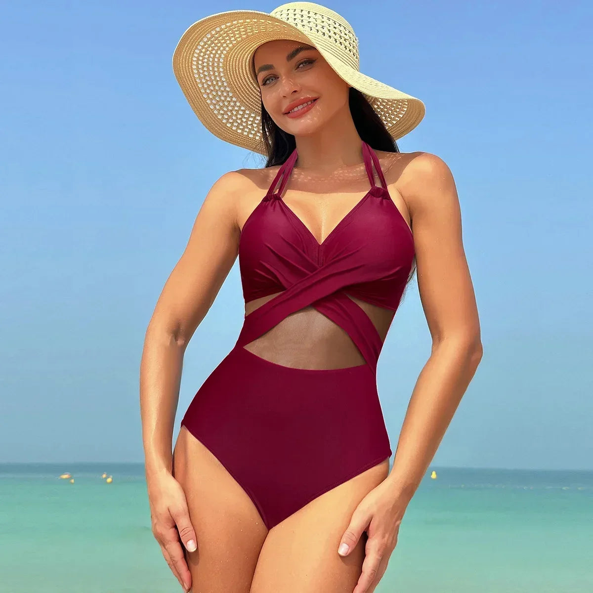 IMIEMIE Women's Solid Color Mesh Wholesale European and American One-piece Swimsuit  Swimwear Women