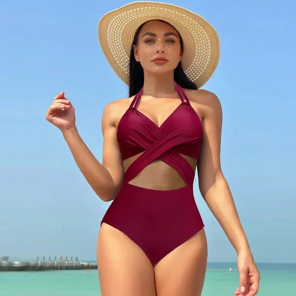 IMIEMIE Women's Solid Color Mesh Wholesale European and American One-piece Swimsuit  Swimwear Women