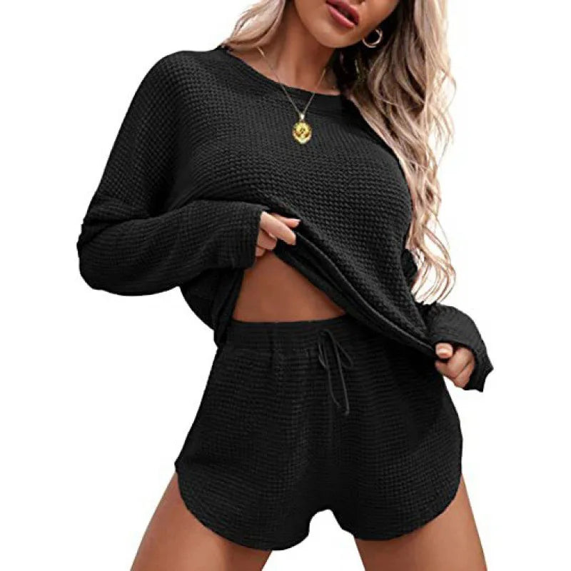 IMIEMIE Women's Solid Pajamas Set Long Sleeve Round Neck Top And Shorts Sleepwear 2 Piece Set For Women Casual Homewear Sport Suit