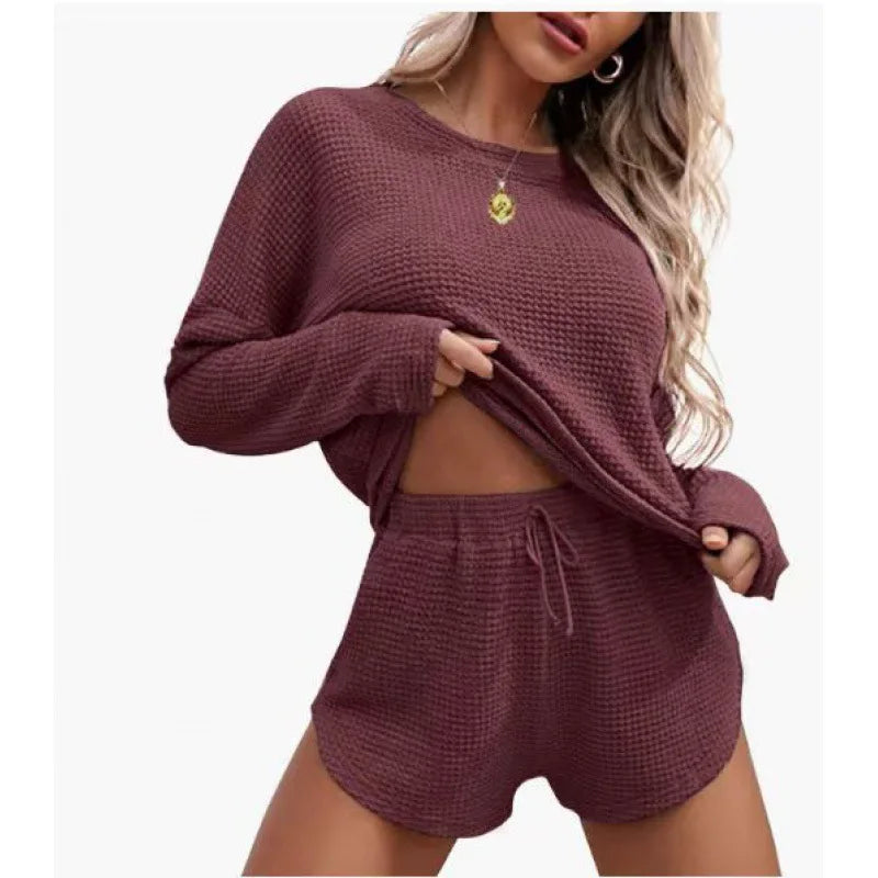 IMIEMIE Women's Solid Pajamas Set Long Sleeve Round Neck Top And Shorts Sleepwear 2 Piece Set For Women Casual Homewear Sport Suit