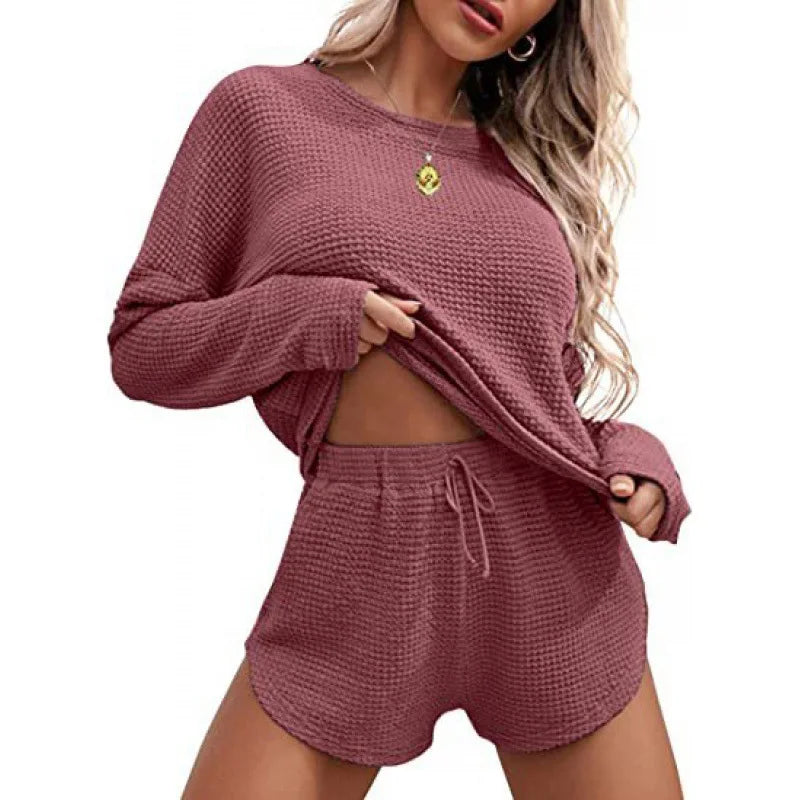 IMIEMIE Women's Solid Pajamas Set Long Sleeve Round Neck Top And Shorts Sleepwear 2 Piece Set For Women Casual Homewear Sport Suit