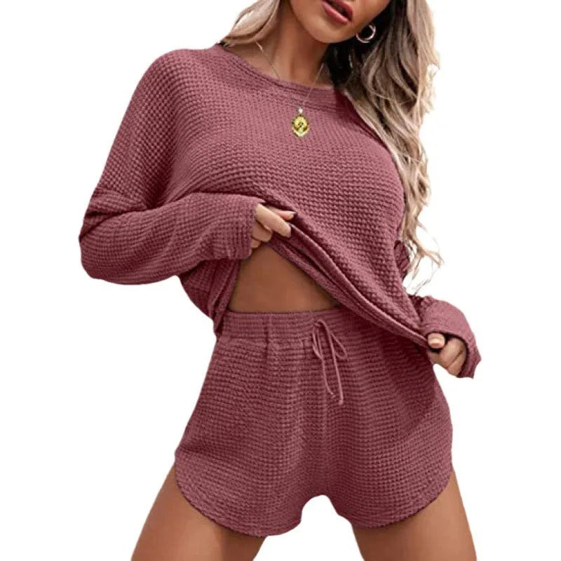 IMIEMIE Women's Solid Pajamas Set Long Sleeve Round Neck Top And Shorts Sleepwear 2 Piece Set For Women Casual Homewear Sport Suit