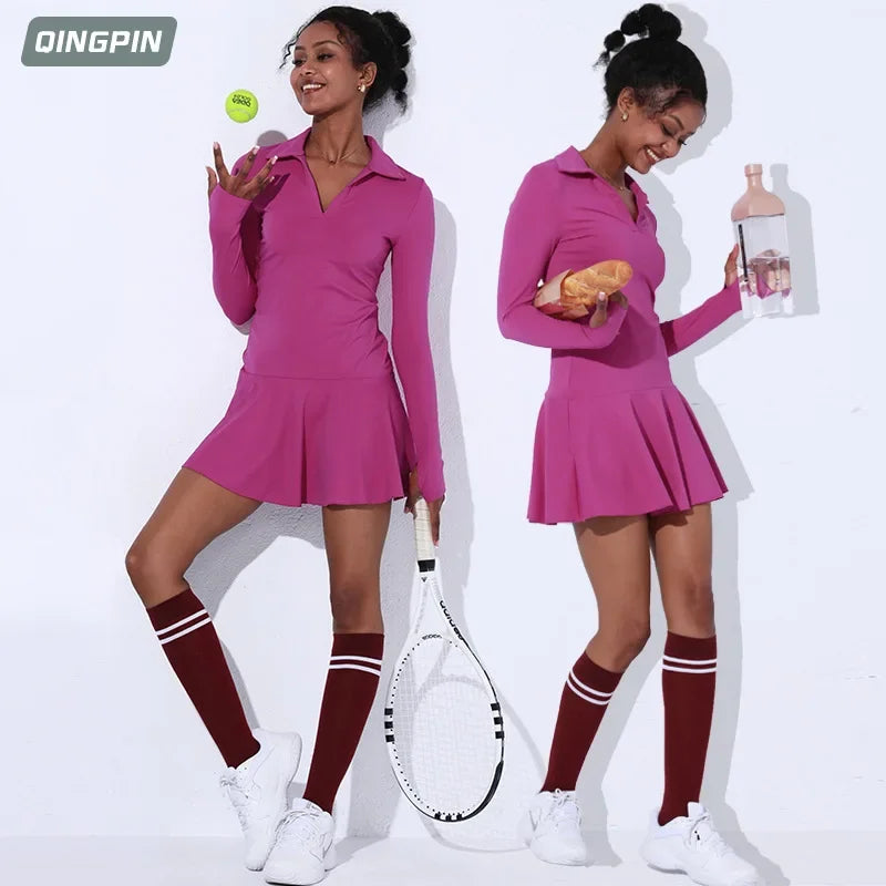 IMIEMIE Women's Sports One Piece Tennis Dress Nude Fitness Long Sleeve High Neck Badminton Sports Skirt Tennis Dress Women