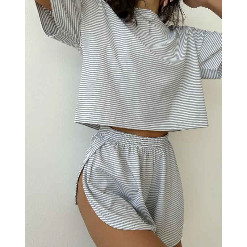 IMIEMIE Women's Stripe Knit Pajamas Set Summer Short Sleeve Shorts Sleepwear 2 Piece Set For Women Home Casual Loose Round Neck Suit