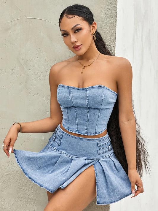 IMIEMIE Women's Summer 2PCS Outfit Sets Solid Color Sleeveless Off Shoulder Zipper Bandeau + Pleated Denim Skirt