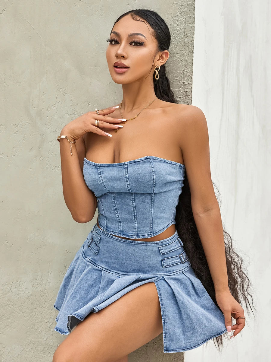 IMIEMIE Women's Summer 2PCS Outfit Sets Solid Color Sleeveless Off Shoulder Zipper Bandeau + Pleated Denim Skirt