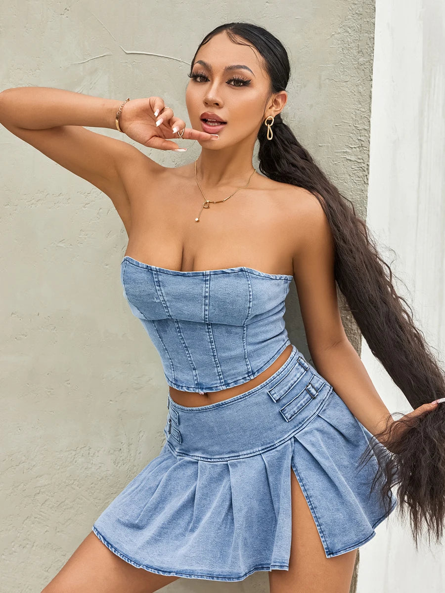 IMIEMIE Women's Summer 2PCS Outfit Sets Solid Color Sleeveless Off Shoulder Zipper Bandeau + Pleated Denim Skirt