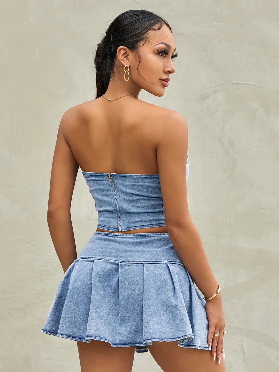 IMIEMIE Women's Summer 2PCS Outfit Sets Solid Color Sleeveless Off Shoulder Zipper Bandeau + Pleated Denim Skirt