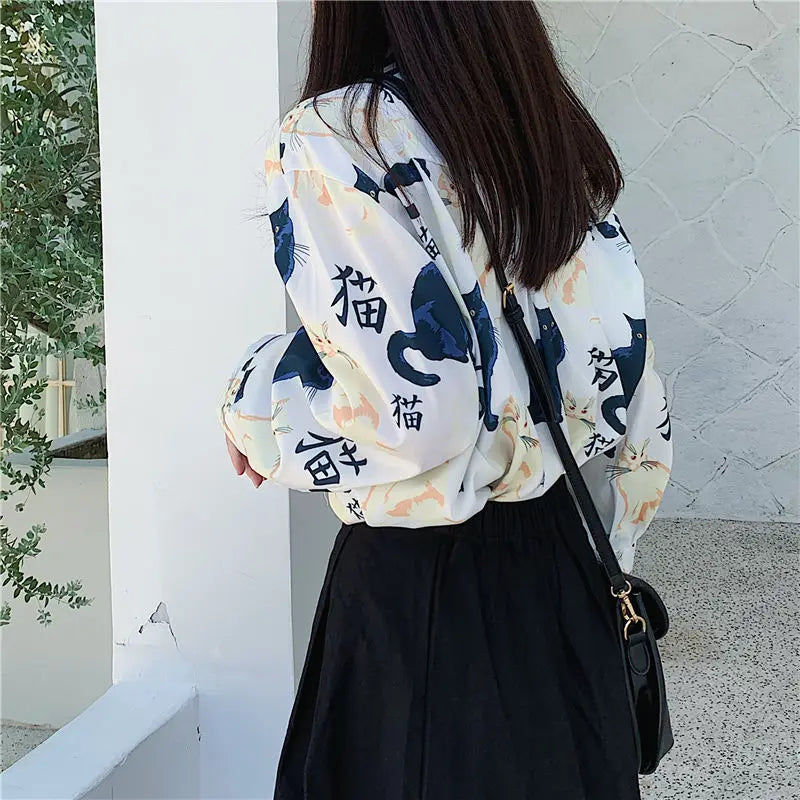 IMIEMIE Women's Summer Blouse Black Cat Print Short Sleeve T-Shirts Ladies Trend Casual Exotic Japan Style White Women's Long Sleeve Top