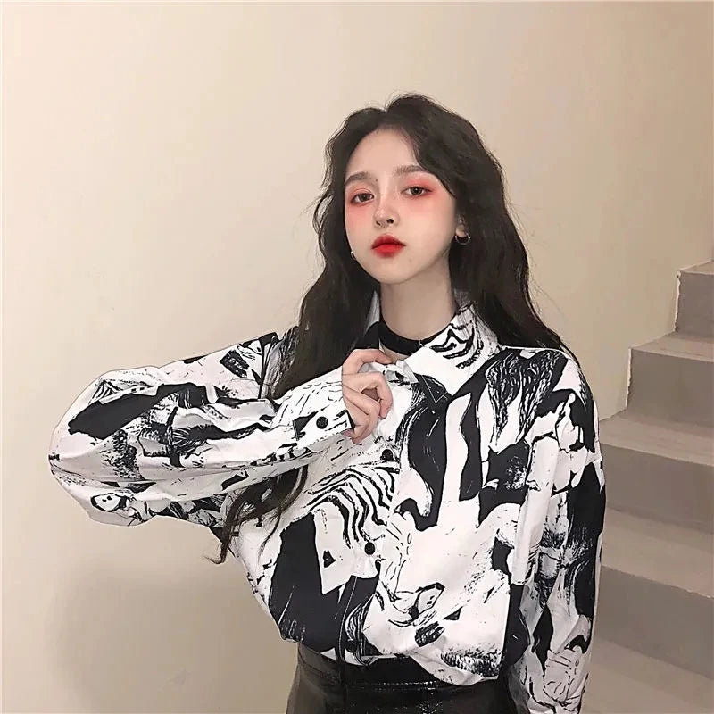 IMIEMIE Women's Summer Blouse Black Cat Print Short Sleeve T-Shirts Ladies Trend Casual Exotic Japan Style White Women's Long Sleeve Top