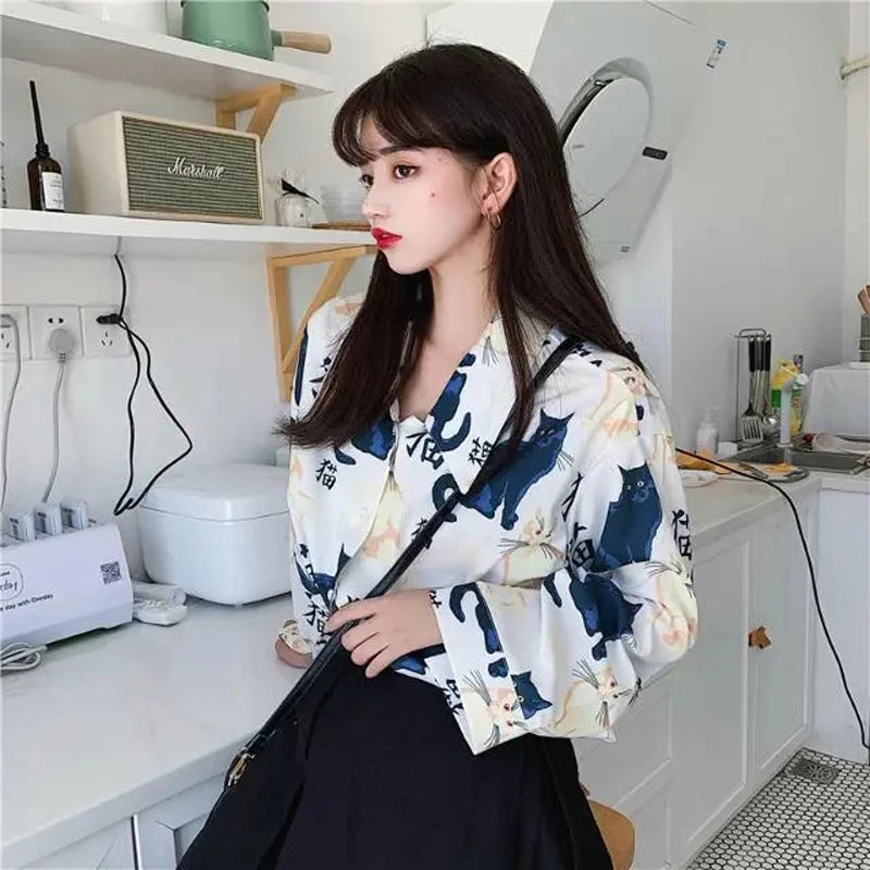 IMIEMIE Women's Summer Blouse Black Cat Print Short Sleeve T-Shirts Ladies Trend Casual Exotic Japan Style White Women's Long Sleeve Top