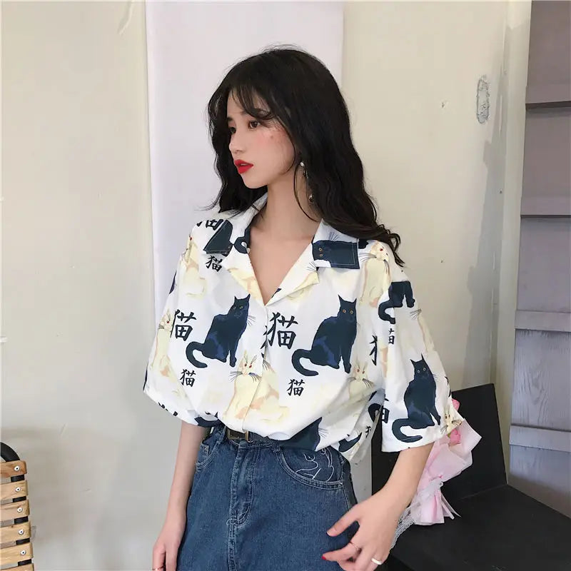 IMIEMIE Women's Summer Blouse Black Cat Print Short Sleeve T-Shirts Ladies Trend Casual Exotic Japan Style White Women's Long Sleeve Top