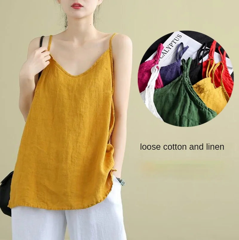 IMIEMIE Women's Summer Top Cotton Linen Spaghetti Strap Top Women Halter V Neck Basic Yellow Sleeveless Tank Tops Loose Casual Camis