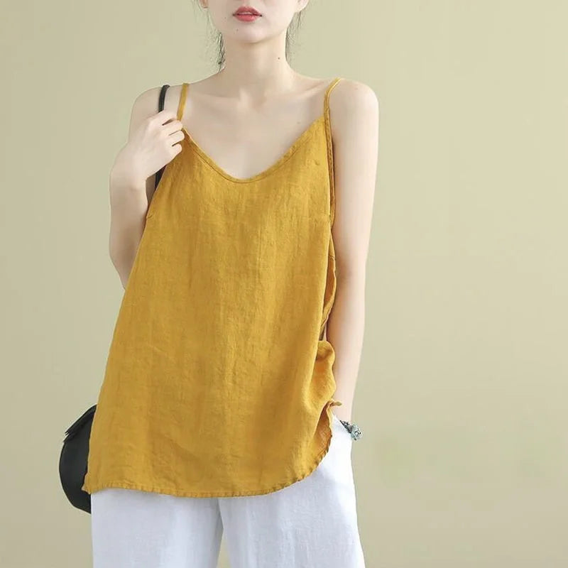 IMIEMIE Women's Summer Top Cotton Linen Spaghetti Strap Top Women Halter V Neck Basic Yellow Sleeveless Tank Tops Loose Casual Camis