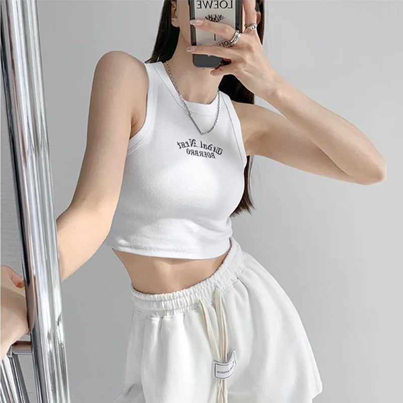 IMIEMIE Women's Tank Top Ribbed Knitted Embroidery Letter Vest Female Summer Clothing Crop top White Black Casual Short Tight Sport Tops