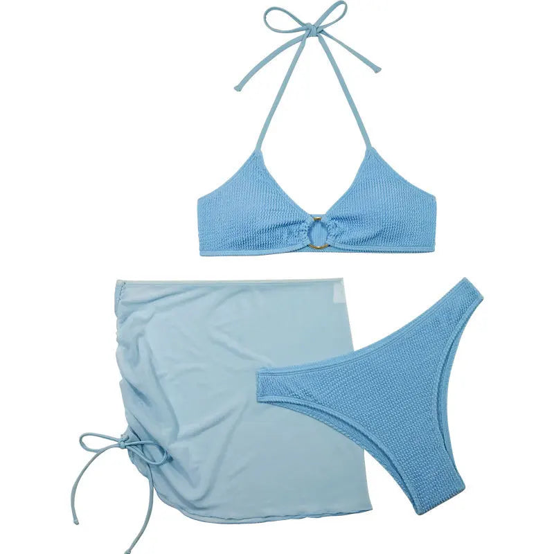 IMIEMIE Women's Three-Piece Split Bikini Set, Sky Blue Swimsuit, Sexy Swimwear with Cover Up Skirt, European and American Swimsuit