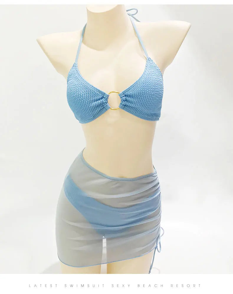 IMIEMIE Women's Three-Piece Split Bikini Set, Sky Blue Swimsuit, Sexy Swimwear with Cover Up Skirt, European and American Swimsuit