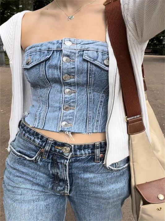 IMIEMIE Women's Y2k Denim Tube Top Solid Color Strapless Wrap Chest Vest Summer Off Shoulder Button Tank Top 90s Vintage Streetwear