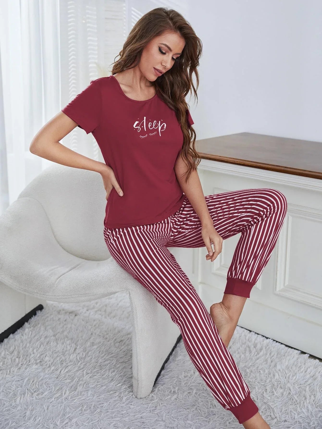 IMIEMIE Women's pajamas new design short-sleeved striped trousers two-piece elegant casual home wear suit