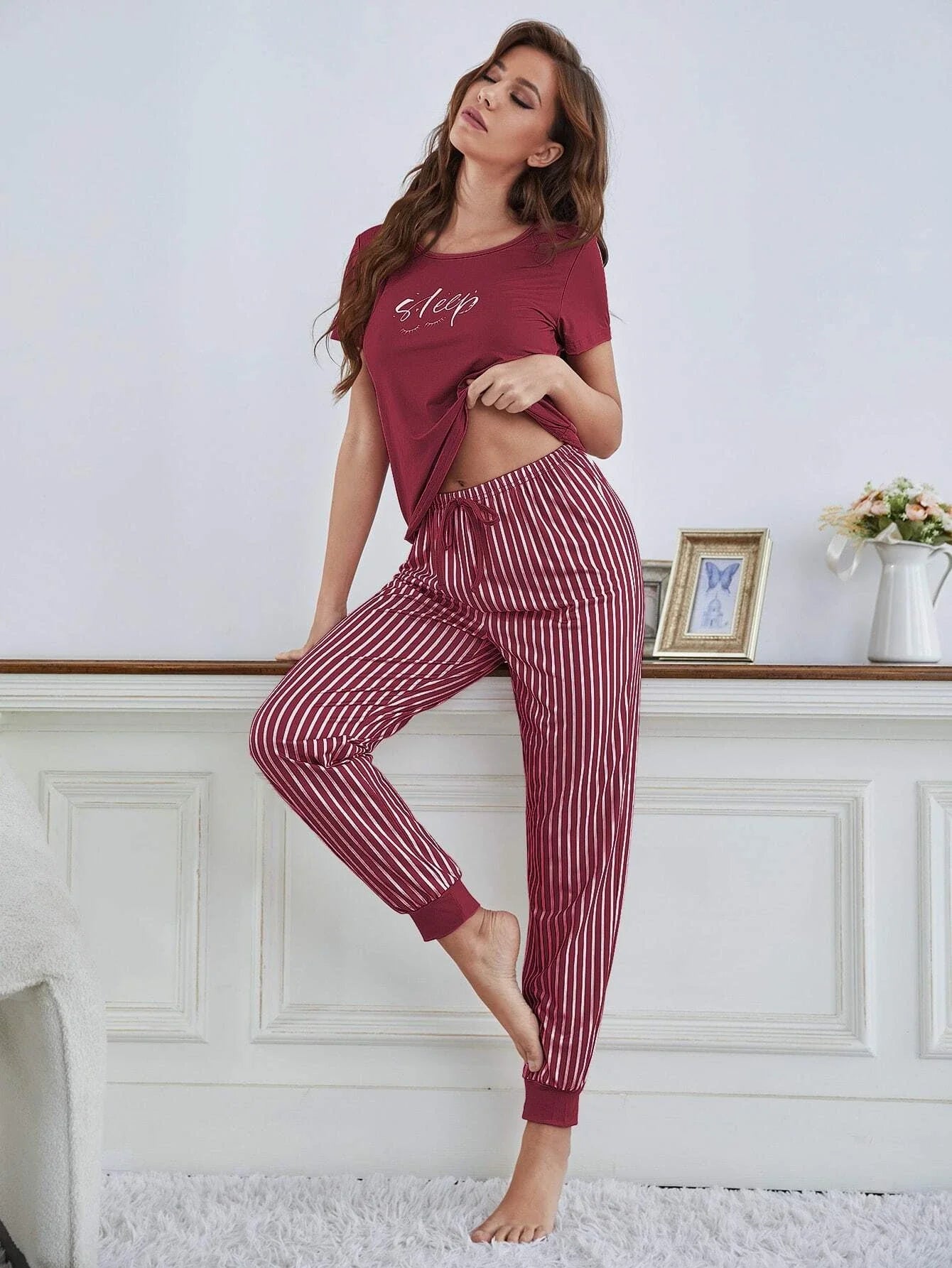 IMIEMIE Women's pajamas new design short-sleeved striped trousers two-piece elegant casual home wear suit