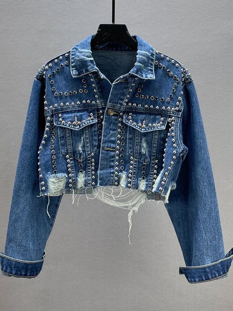 IMIEMIE Womens Denim Jacket 2024 Spring Summer New In Heavy Industry Rivet Studded Jean Jacket Women Worn Nail Bead Jean Jacket Top