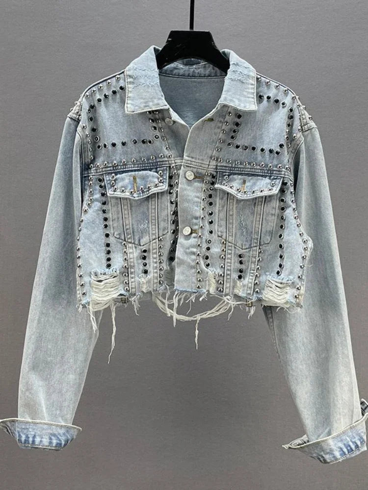 IMIEMIE Womens Denim Jacket 2024 Spring Summer New In Heavy Industry Rivet Studded Jean Jacket Women Worn Nail Bead Jean Jacket Top