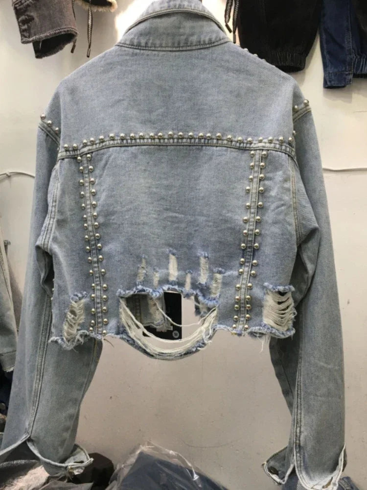 IMIEMIE Womens Denim Jacket 2024 Spring Summer New In Heavy Industry Rivet Studded Jean Jacket Women Worn Nail Bead Jean Jacket Top