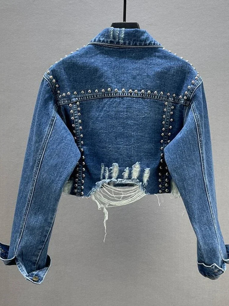 IMIEMIE Womens Denim Jacket 2024 Spring Summer New In Heavy Industry Rivet Studded Jean Jacket Women Worn Nail Bead Jean Jacket Top