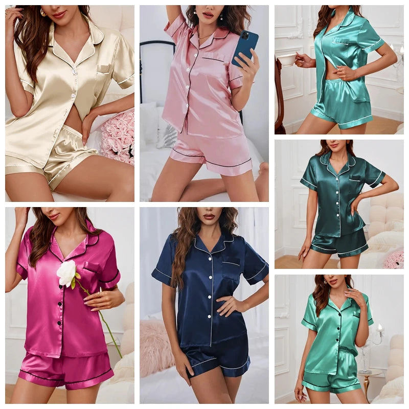 IMIEMIE Womens Satin Pajamas Set Luxurious Short Sleeve Turn-down collar Button Top & Shorts Sleepwear & Loungewear for Summer Nightwear