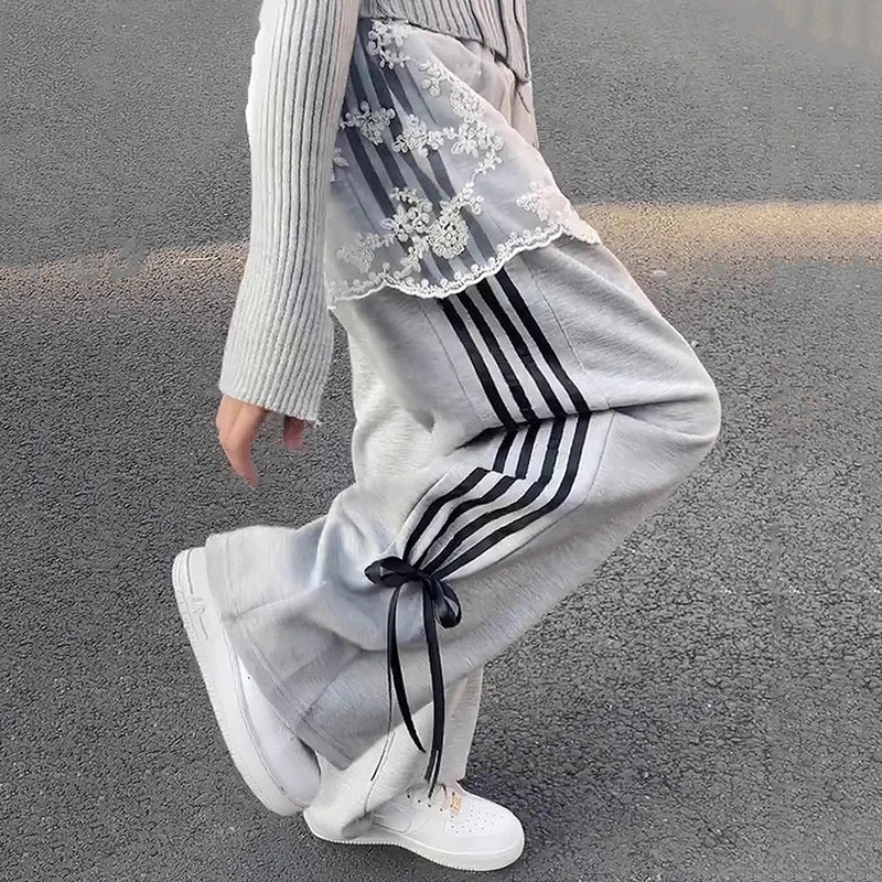 IMIEMIE Womens Stripe Wide Leg Pants 2024 Spring Summer Lace Up Bow Y2k Casual High Waist Female Trouser Sweatpants