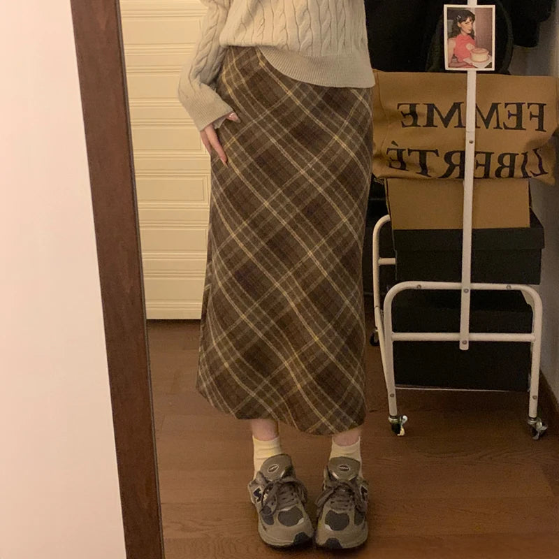 IMIEMIE Woolen Plaid Midi Skirt with Belt High Waist A-line Long Tartan Skirt Women Preppy Academia Fall Winter Outfit