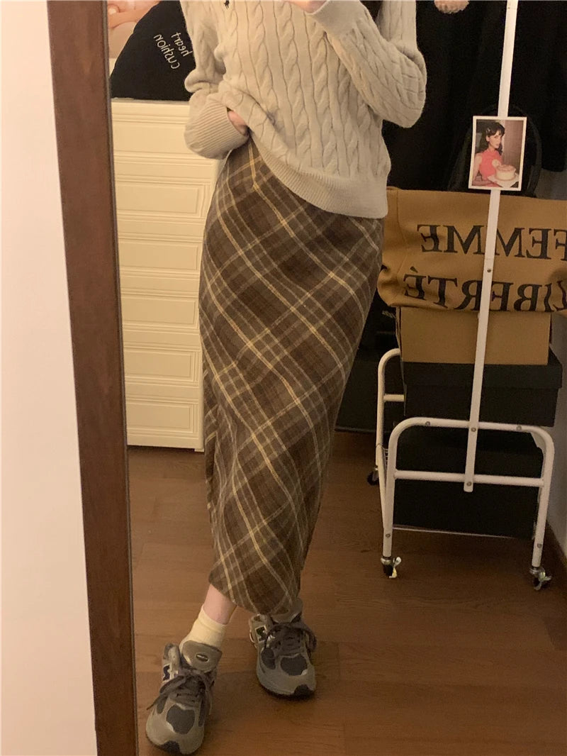 IMIEMIE Woolen Plaid Midi Skirt with Belt High Waist A-line Long Tartan Skirt Women Preppy Academia Fall Winter Outfit