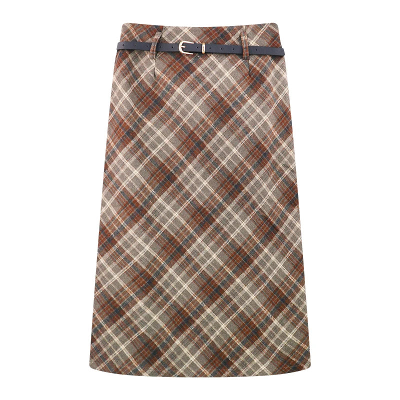 IMIEMIE Woolen Plaid Midi Skirt with Belt High Waist A-line Long Tartan Skirt Women Preppy Academia Fall Winter Outfit