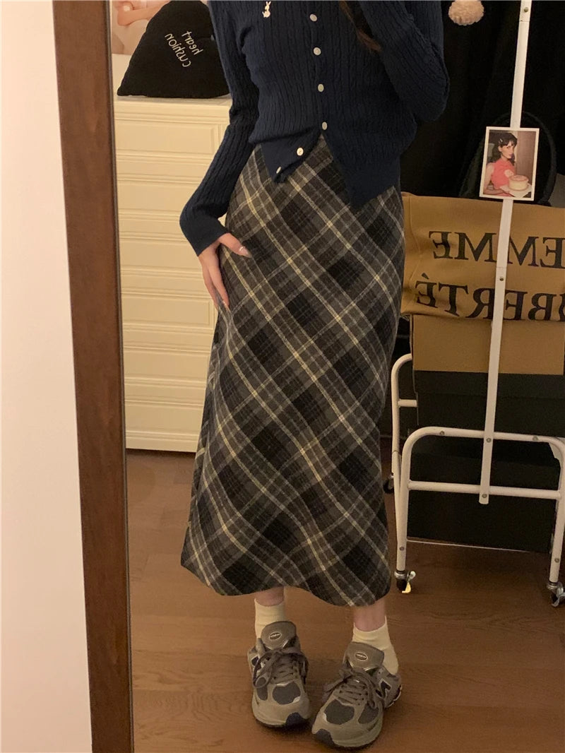 IMIEMIE Woolen Plaid Midi Skirt with Belt High Waist A-line Long Tartan Skirt Women Preppy Academia Fall Winter Outfit