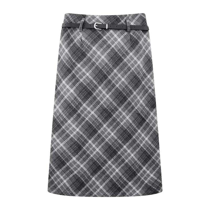 IMIEMIE Woolen Plaid Midi Skirt with Belt High Waist A-line Long Tartan Skirt Women Preppy Academia Fall Winter Outfit