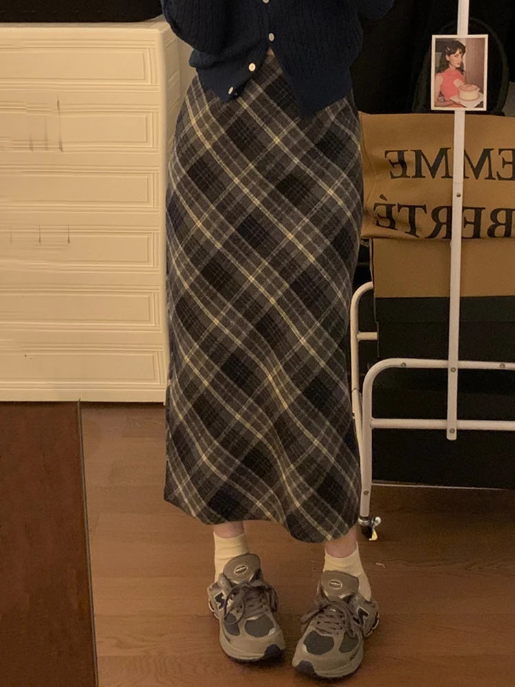 IMIEMIE Woolen Plaid Midi Skirt with Belt High Waist A-line Long Tartan Skirt Women Preppy Academia Fall Winter Outfit