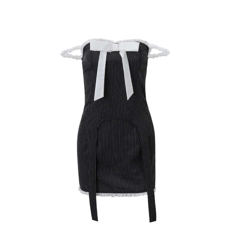 IMIEMIE Xeemilo Elegant Stripe Print Outfits Aesthetic Bow Applique Irregular Tank Top With High-waist Slim Skirt Retro Gentle Women Set