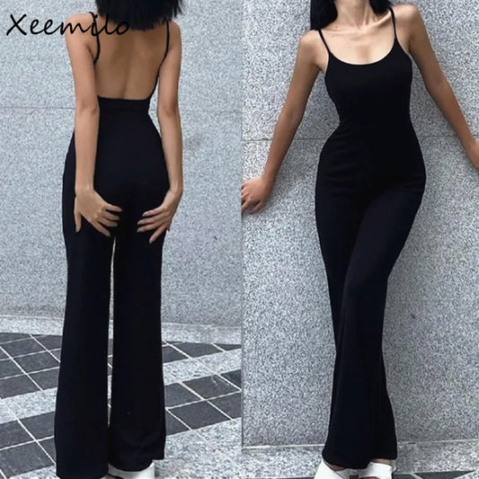 IMIEMIE Xeemilo Sexy Backless Spaghetti Strap Jumpsuit Woman Summer Black Skinny Bodycon Bodysuit Pants Holiday Ladies Casual Jumpsuits