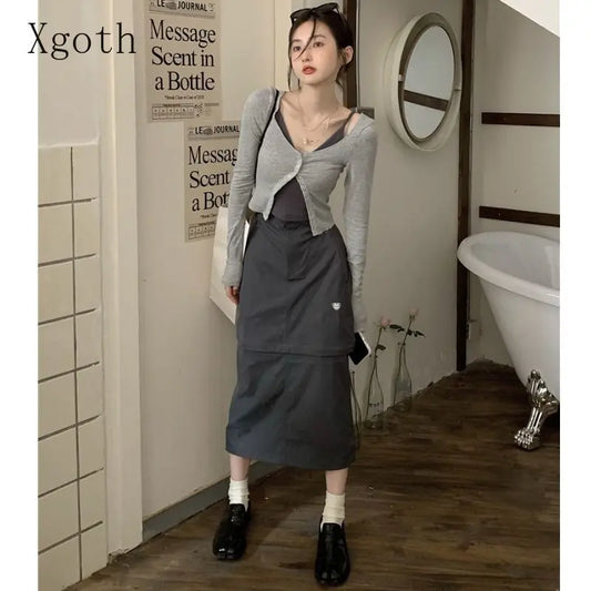 IMIEMIE Xgoth Chic Three-piece Suit Korean Retro Skirt Contrast Button Slim Fit Sunscreen Cardigan Bottom Vest Hot Girls Female Outfits