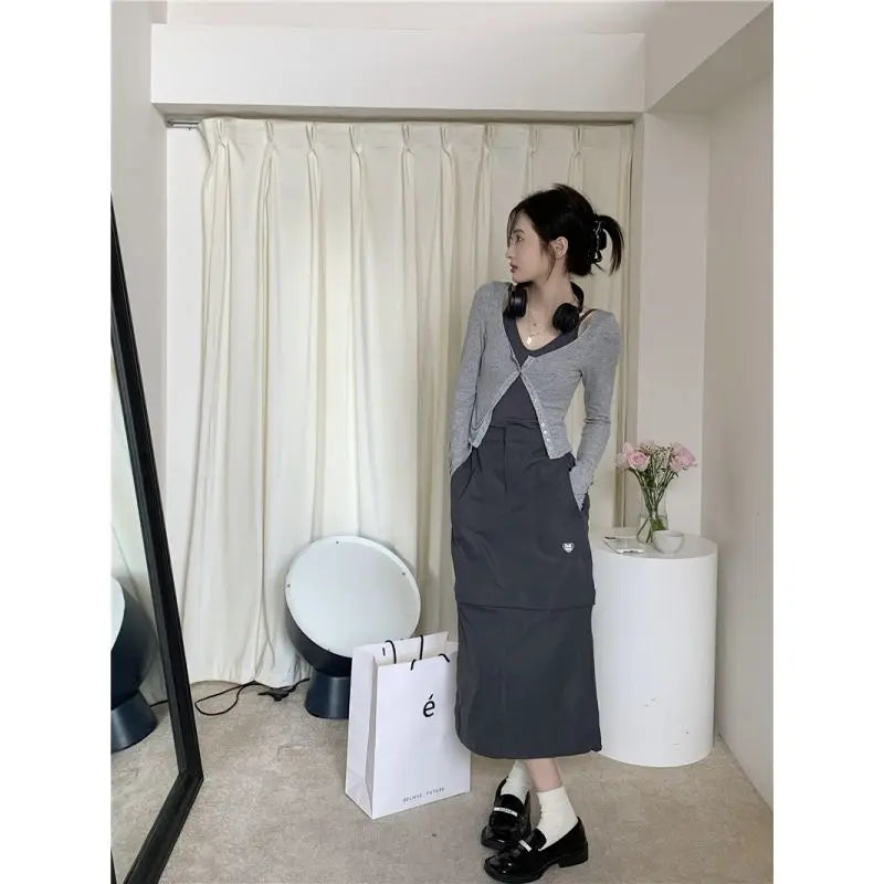 IMIEMIE Xgoth Chic Three-piece Suit Korean Retro Skirt Contrast Button Slim Fit Sunscreen Cardigan Bottom Vest Hot Girls Female Outfits