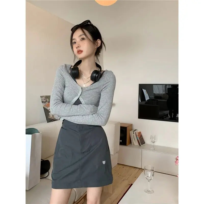 IMIEMIE Xgoth Chic Three-piece Suit Korean Retro Skirt Contrast Button Slim Fit Sunscreen Cardigan Bottom Vest Hot Girls Female Outfits